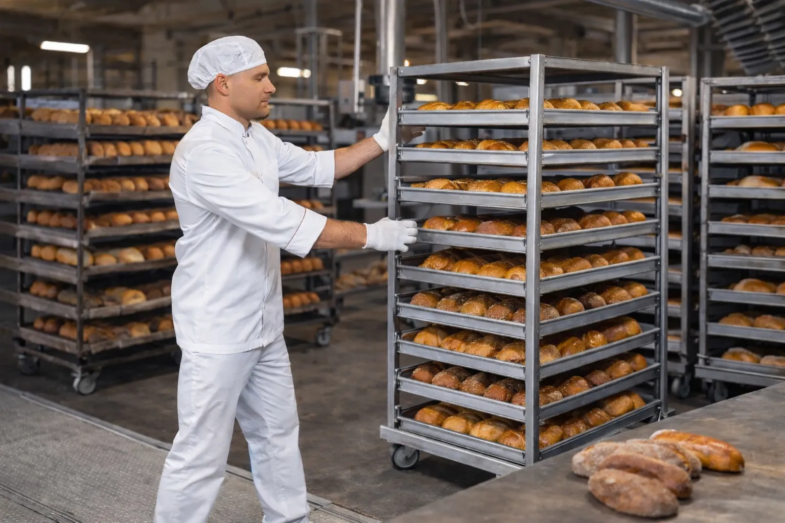 Bakery worker moving a rack filled with loaves