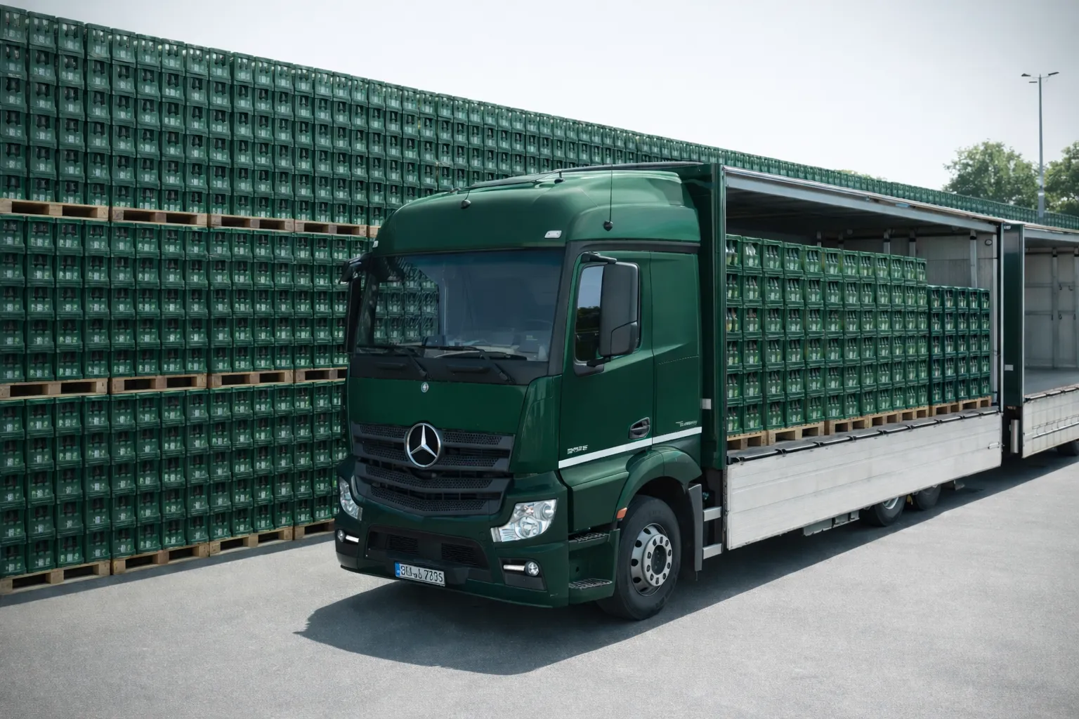 Geöffneter Getränkelaster vor gestapelten Getränkekisten