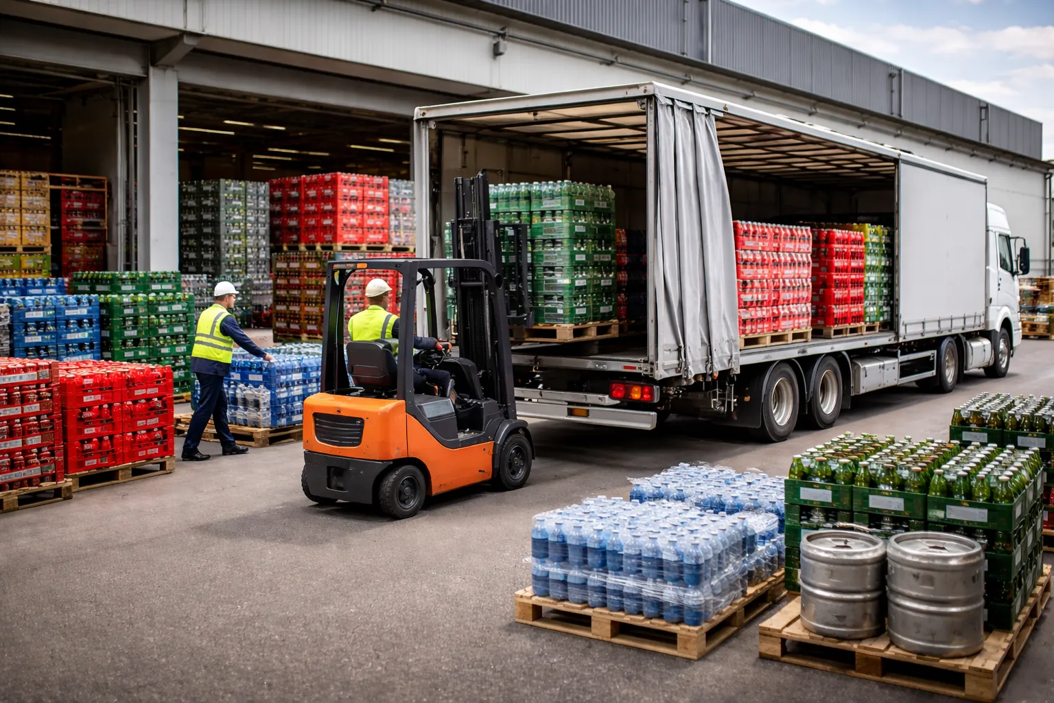 Gabelstapler verlädt Getränkekisten in einen Planen-Lkw