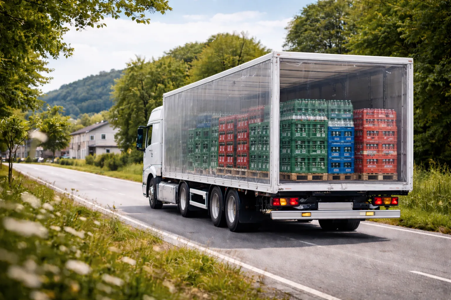 Lkw mit transparentem Aufbau und Getränkekisten auf einer Landstraße