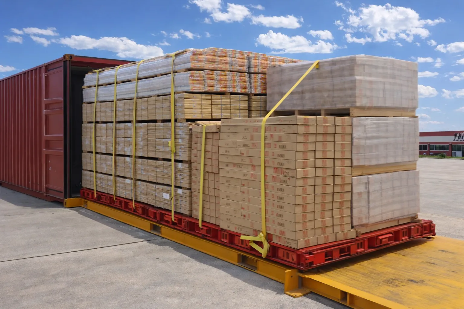 Geöffneter Seecontainer mit Kisten und Kartons