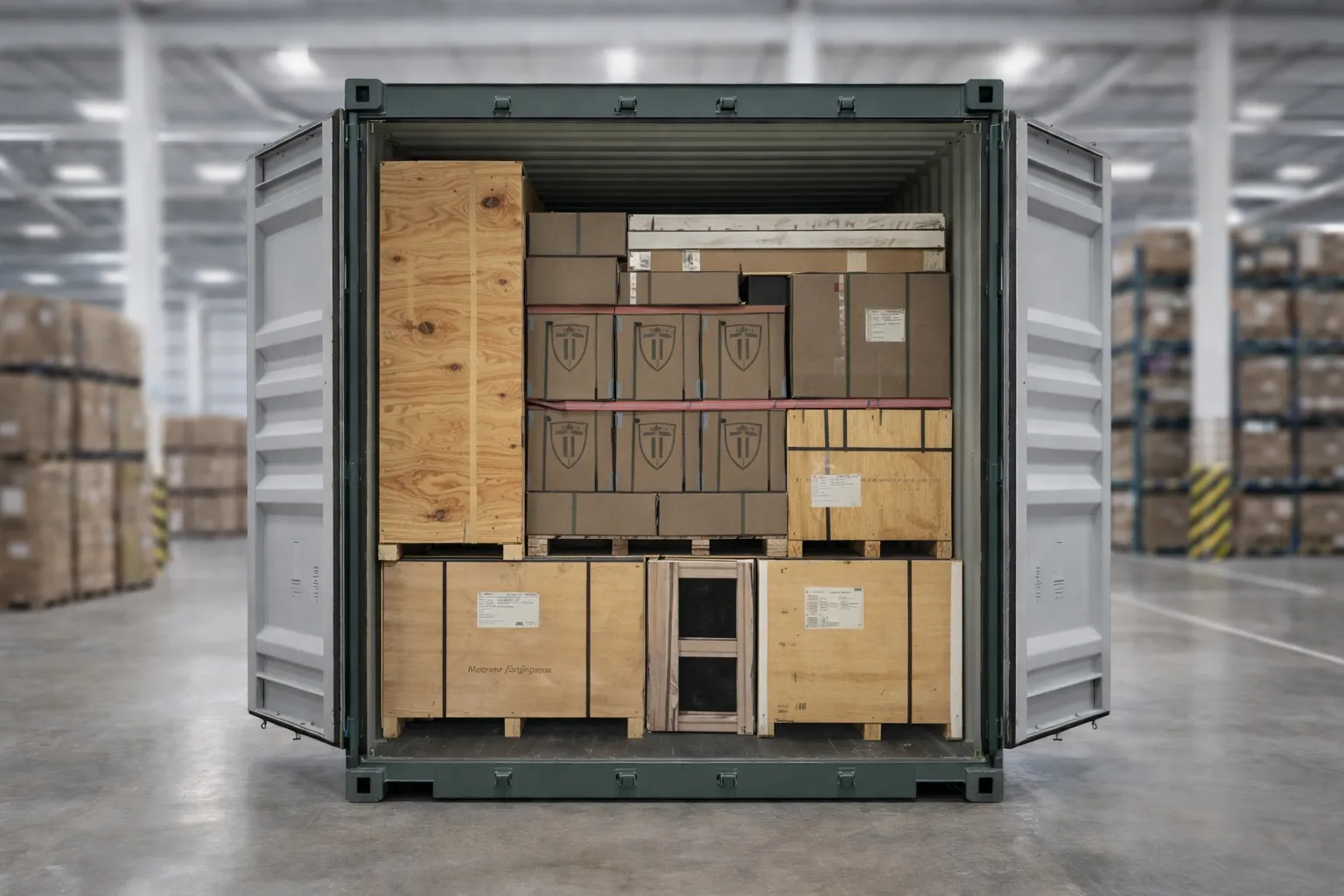 Beladener Seecontainer auf einer Plattform vor dem Verschließen