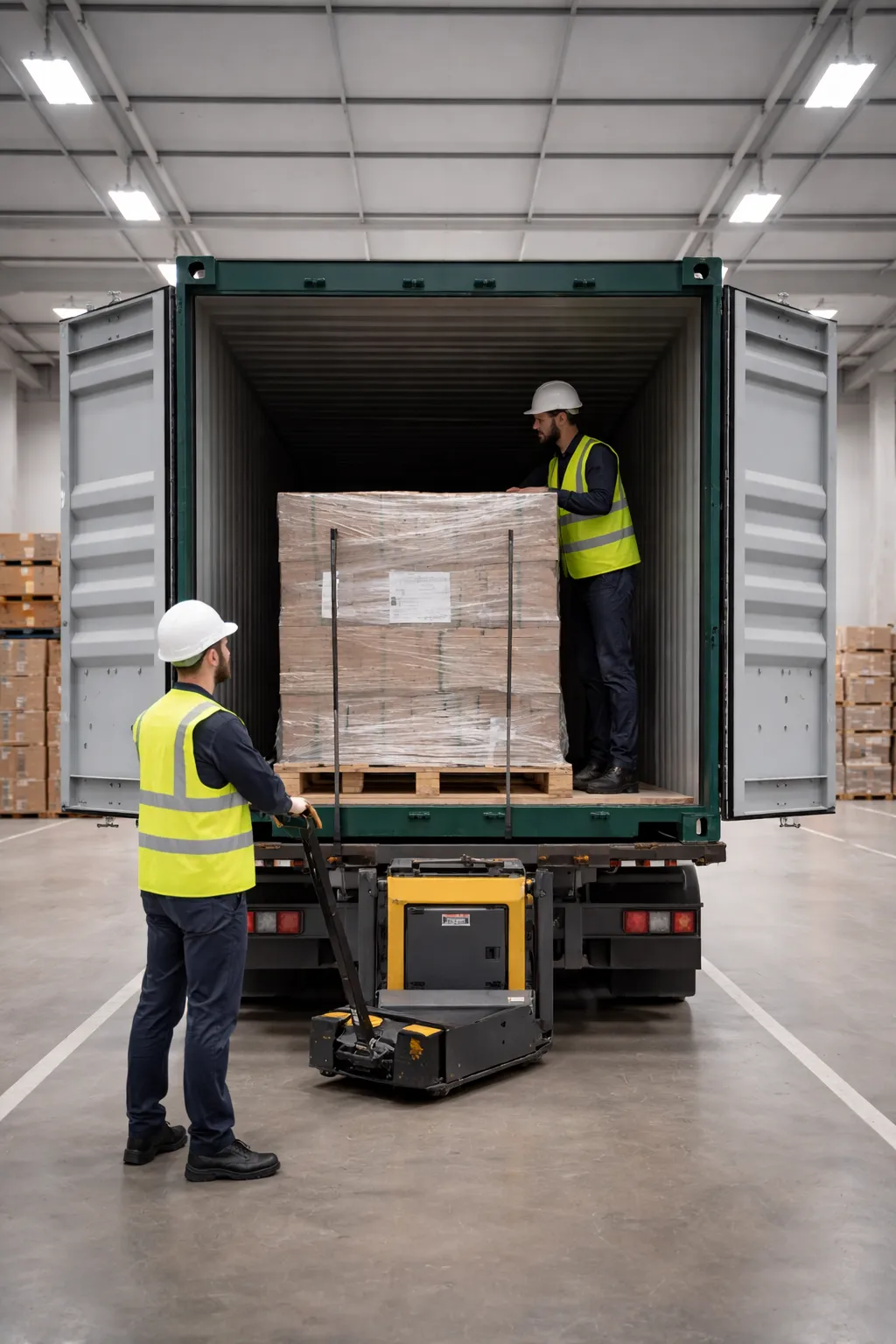 Mitarbeiter verladen eine eingeschweißte Palette in einen Seecontainer