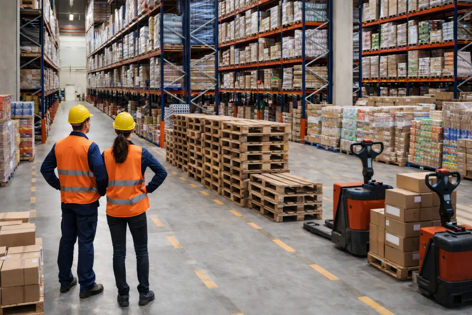 Warehouse workers standing beside pallets in a high-bay warehouse
