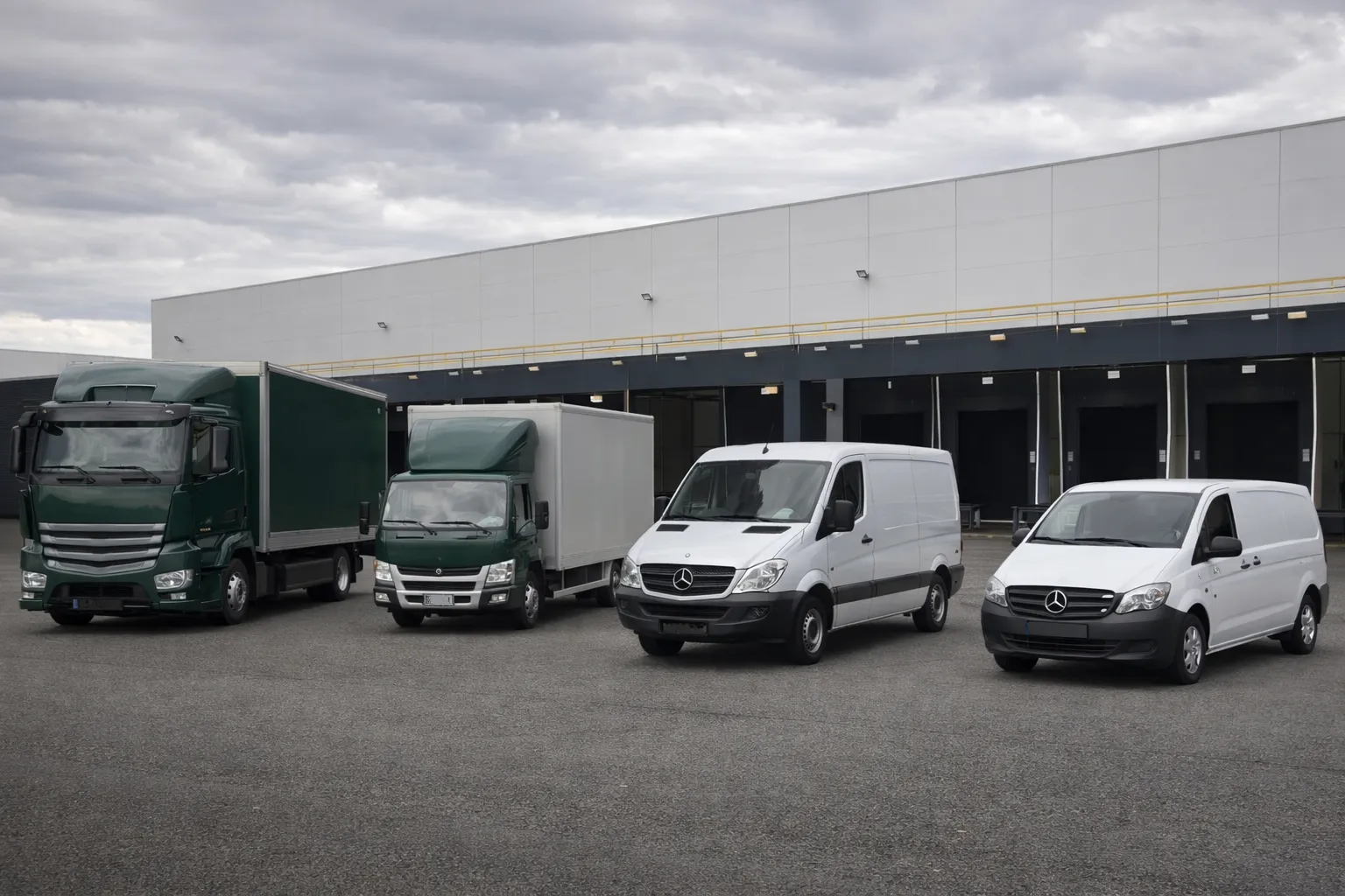 Box trucks and delivery vans parked in front of loading docks