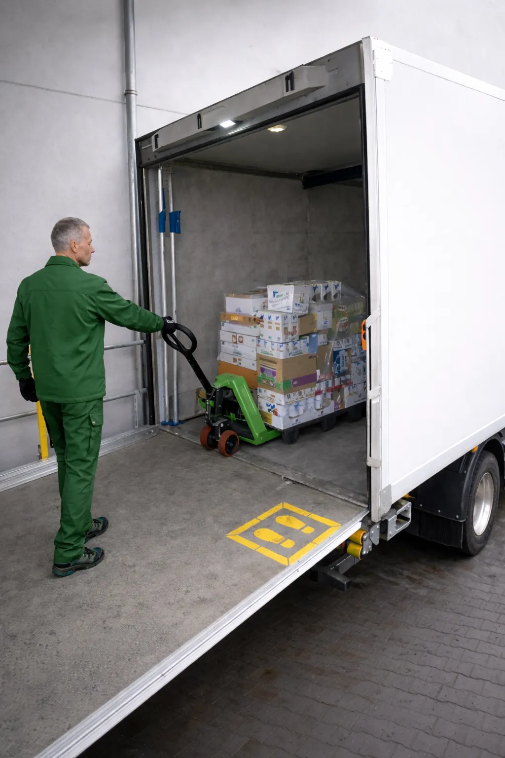 Mitarbeiter zieht einen Hubwagen in einen Koffer-Lkw