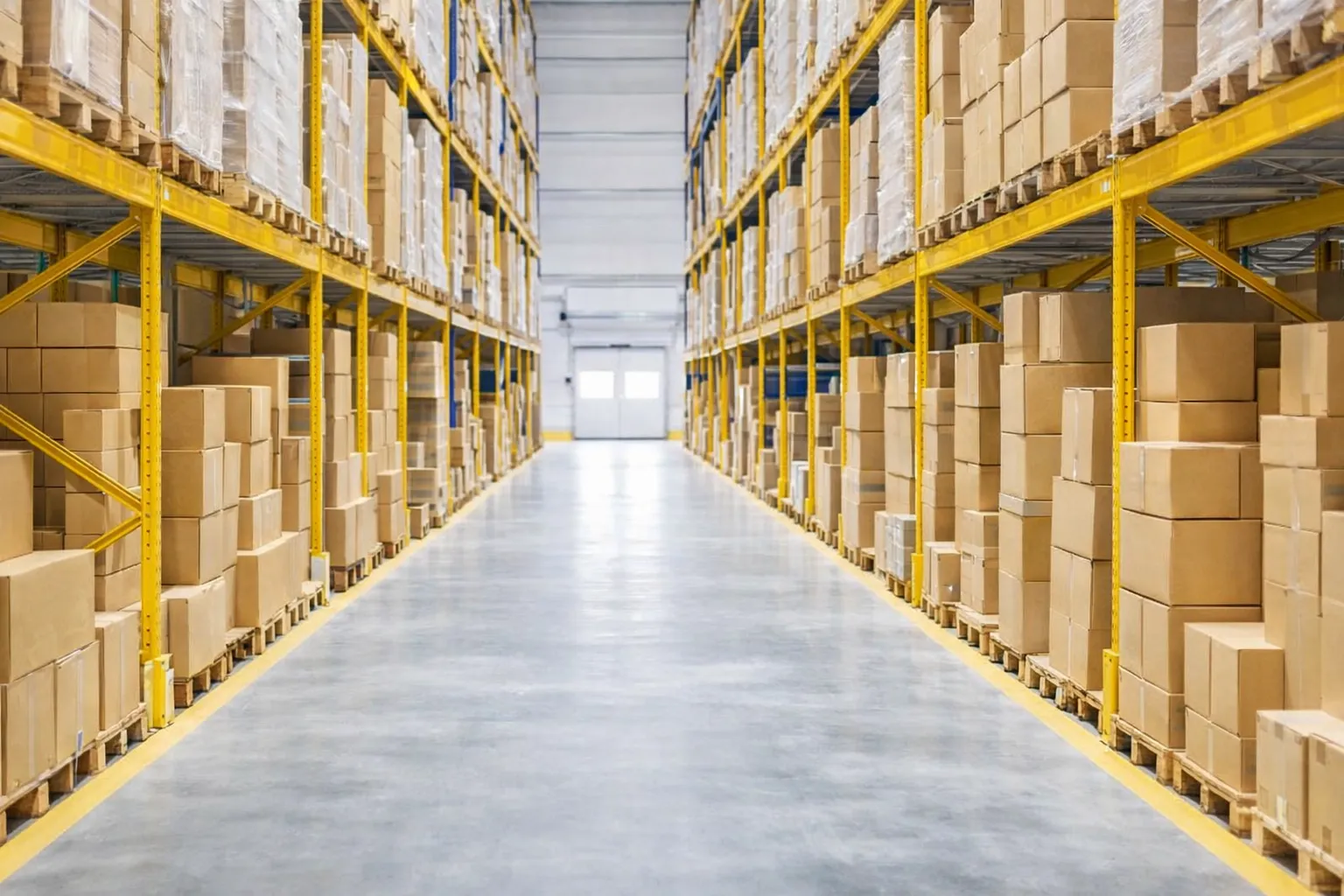 Warehouse aisle with boxed pallets on yellow storage racks