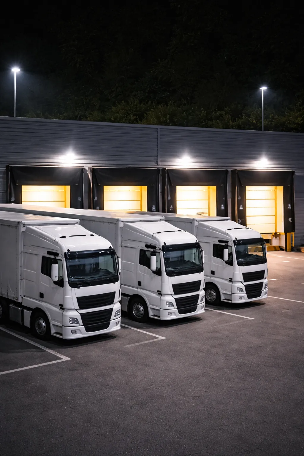 Three tractor-trailers parked at loading docks at night