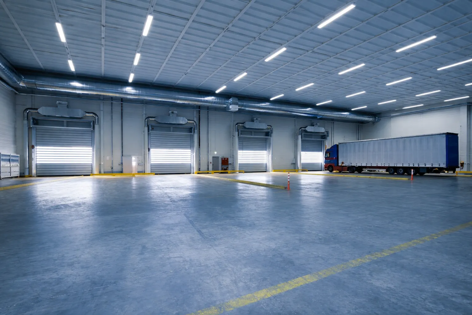 Leere Umschlaghalle mit Verladerampen und geparktem Planenauflieger