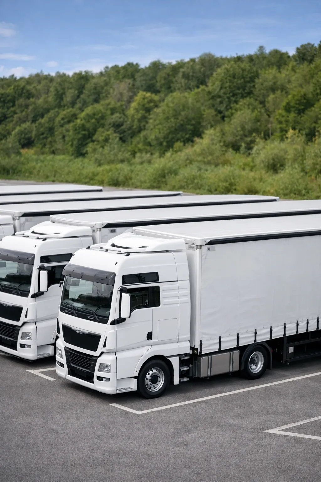 Reihe weißer Planen-Lkw auf einem Parkplatz