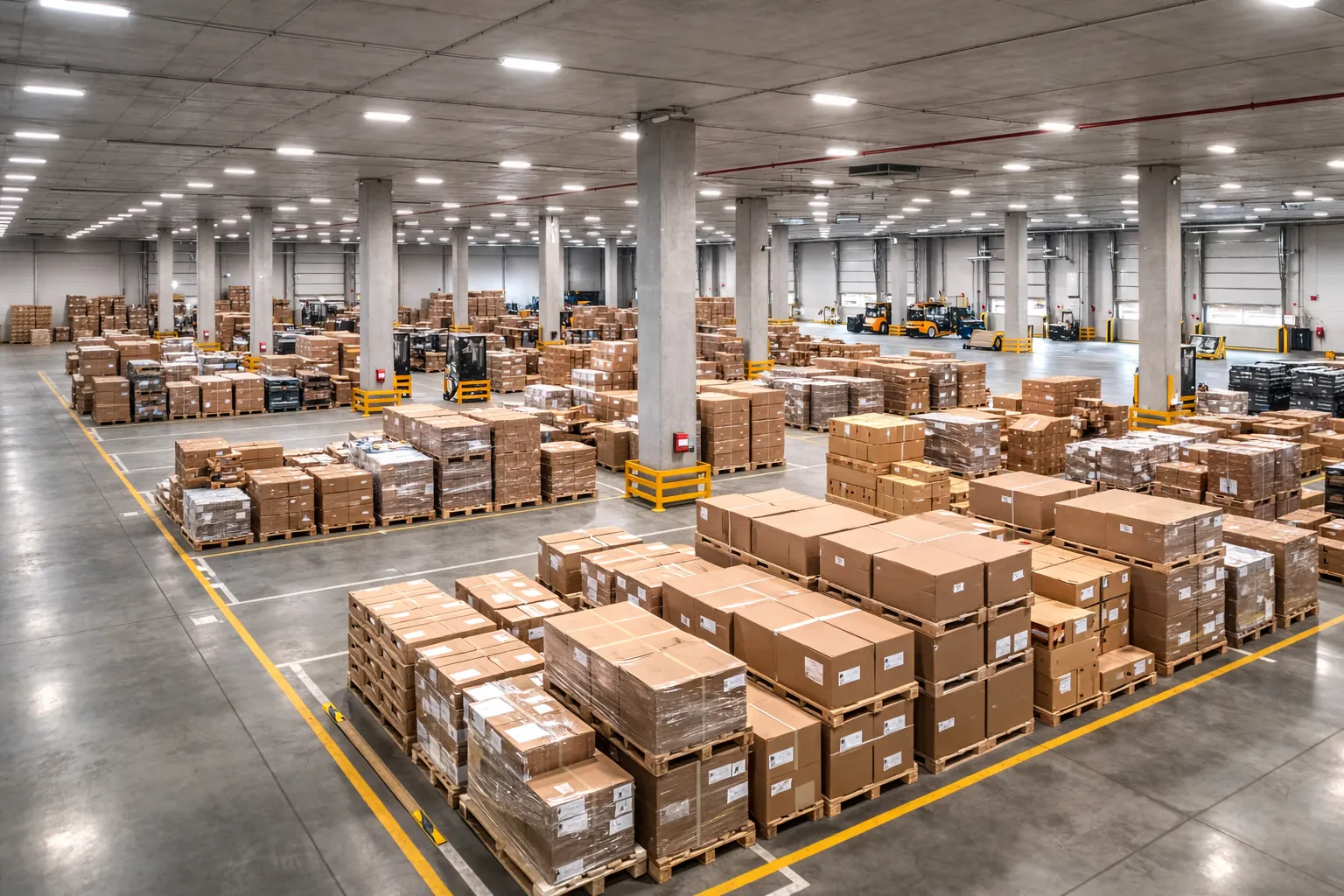 Lagerfläche mit gestapelten Paletten und Gabelstaplern