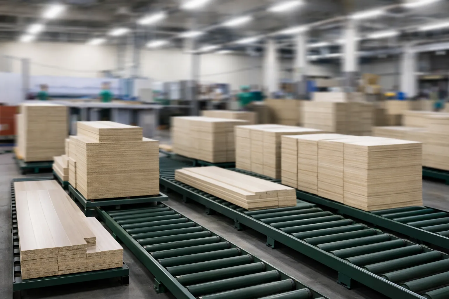 Holzplatten auf Förderlinien in einer Möbelproduktion
