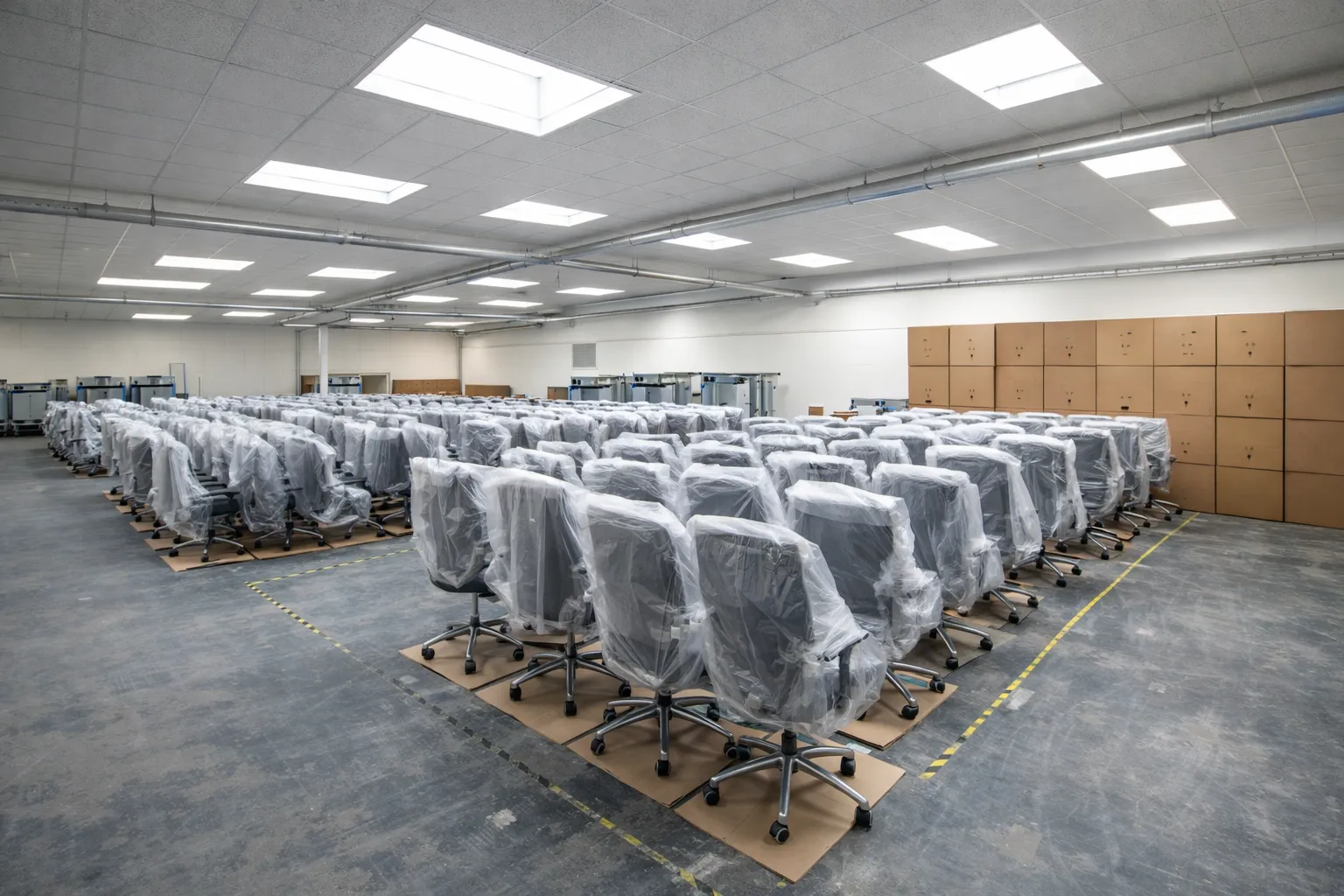 Eingepackte Bürostühle in einem Möbellager bereitgestellt