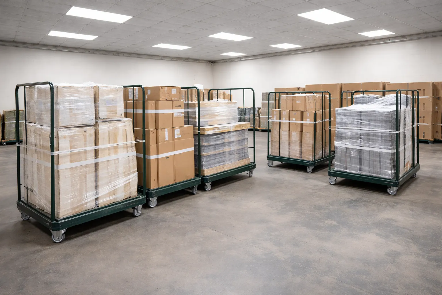 Beladene Rollwagen mit verpackten Möbeln in einer Lagerhalle