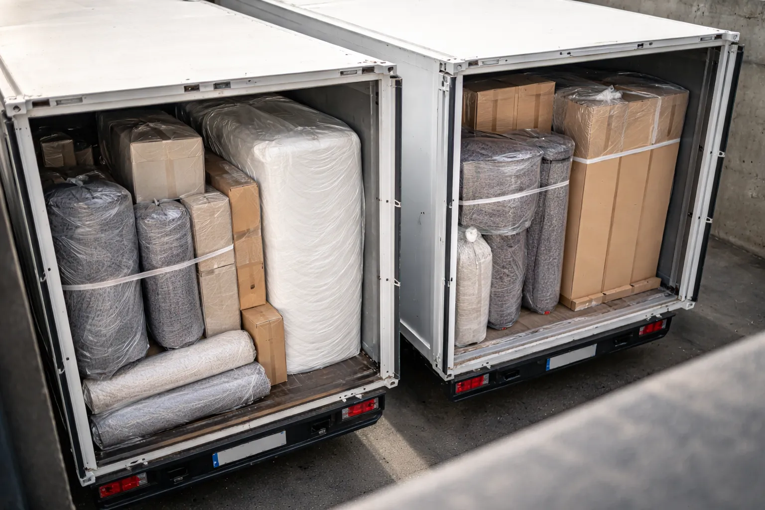 Transporter mit Matratzen und verpackten Möbeln beladen