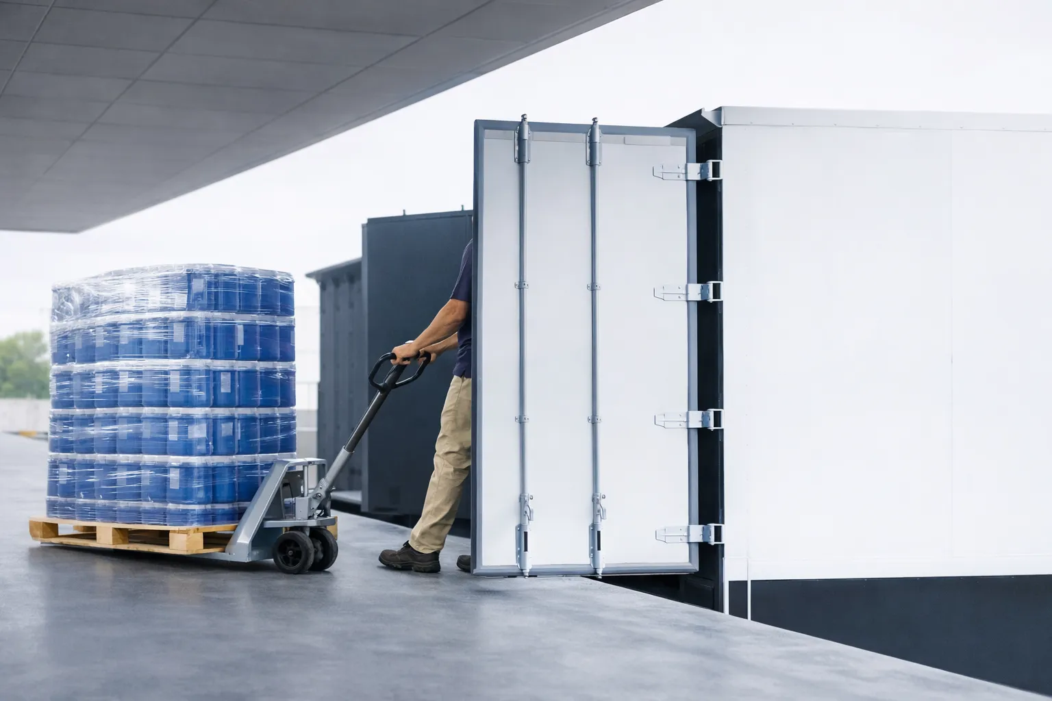Worker pulling a pallet jack from the back of a box truck