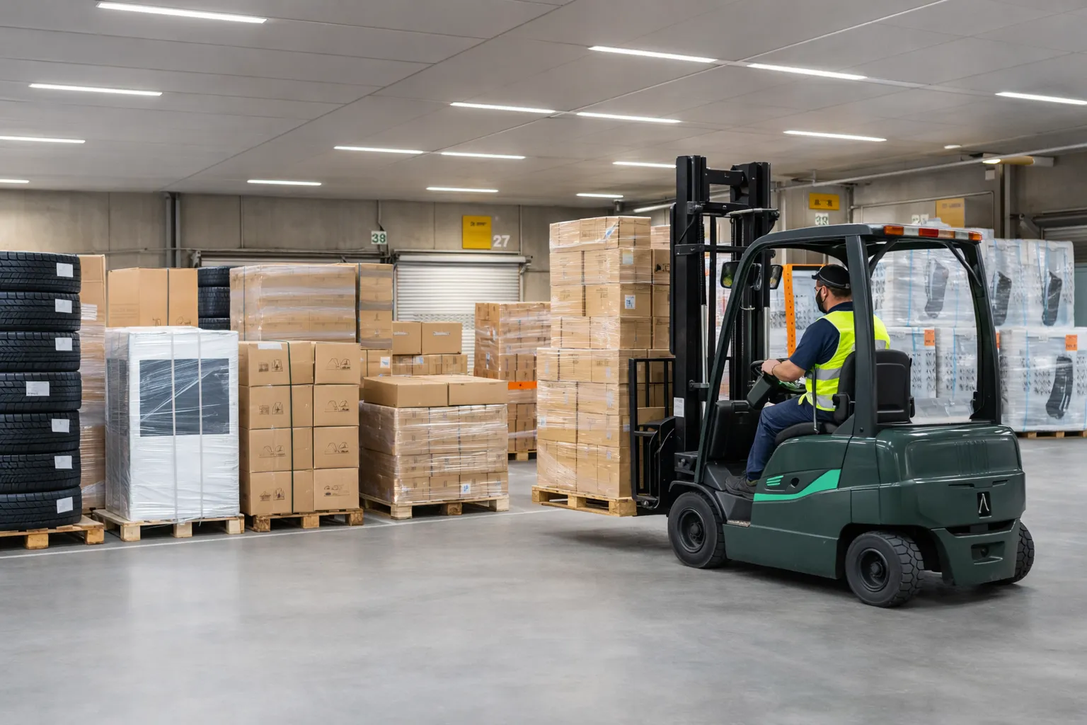 Forklift moving pallets inside a cross-dock hall