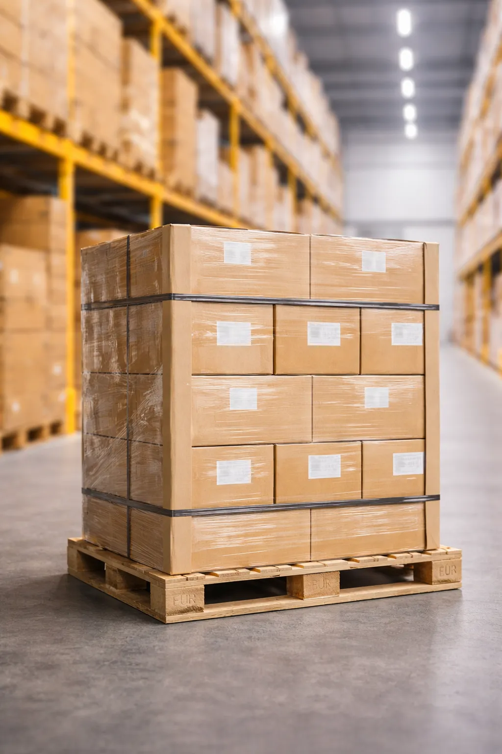 Eingeschweißte Kartonpalette in einem Lagergang