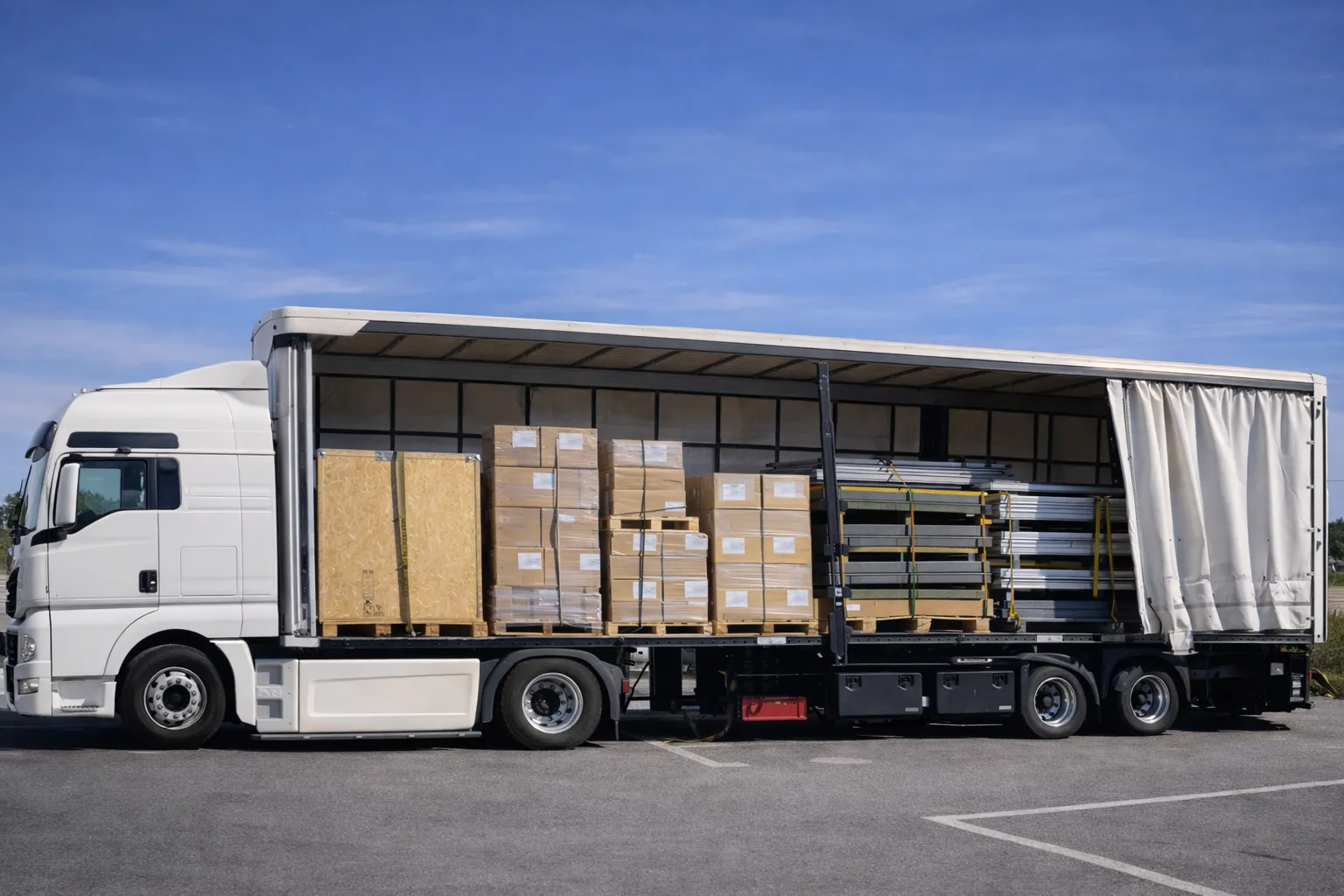 Geöffneter Planen-Lkw mit Kisten und Kartonfracht