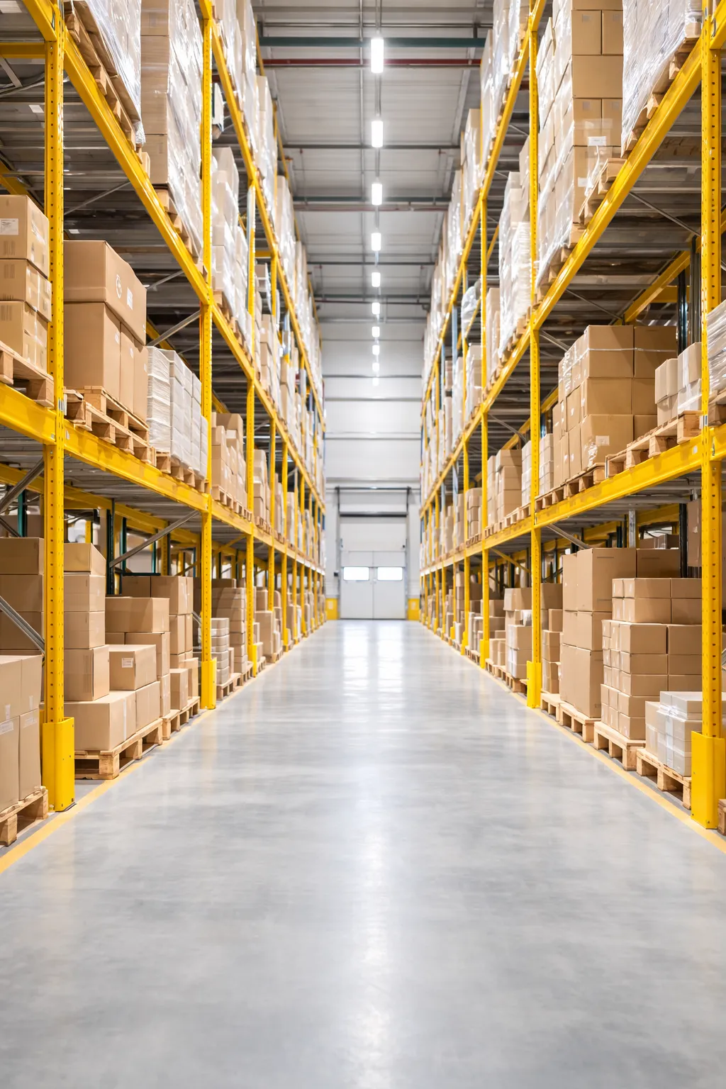 Lagergang mit Palettenregalen und gestapelten Kartons