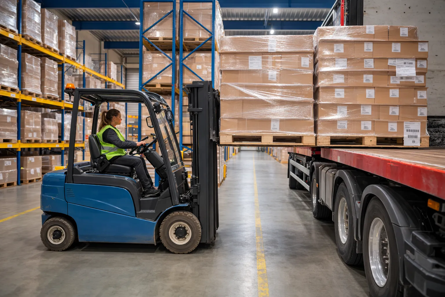 Forklift loading wrapped pallets onto a flatbed trailer in a warehouse