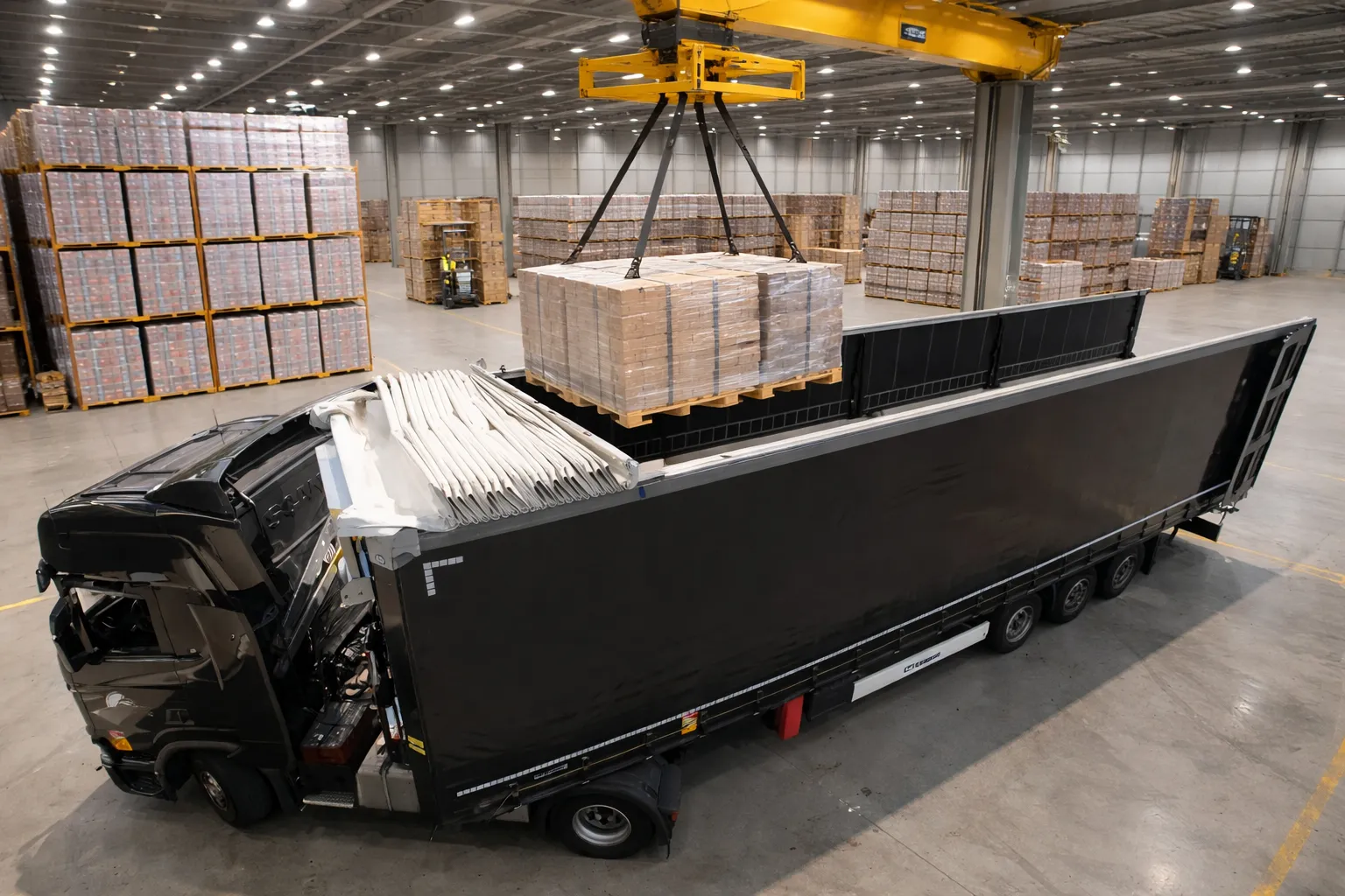 Overhead crane placing a wrapped pallet into an open curtain-side trailer