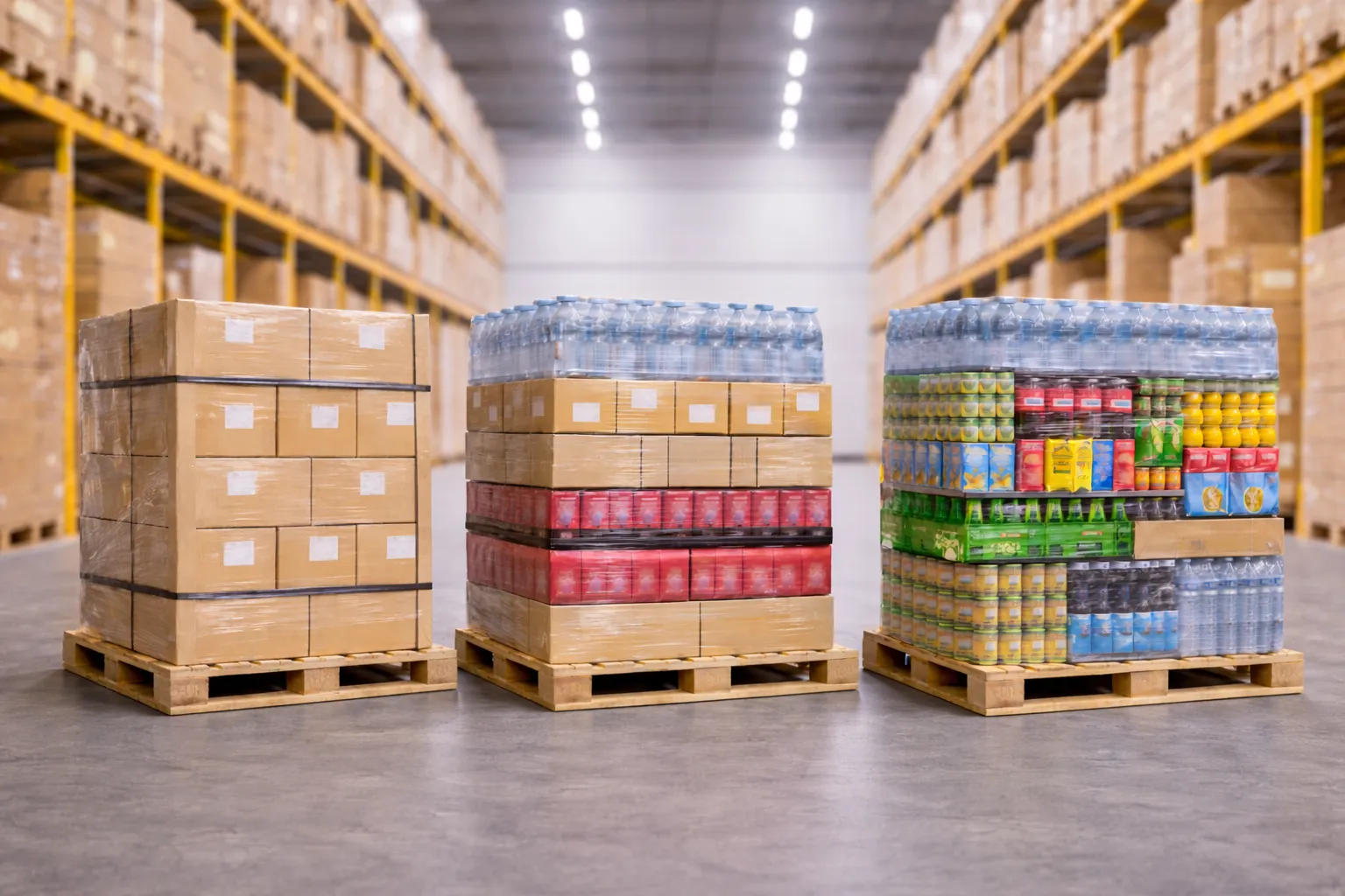 Drei Beispielpaletten mit Kartons und Getränken