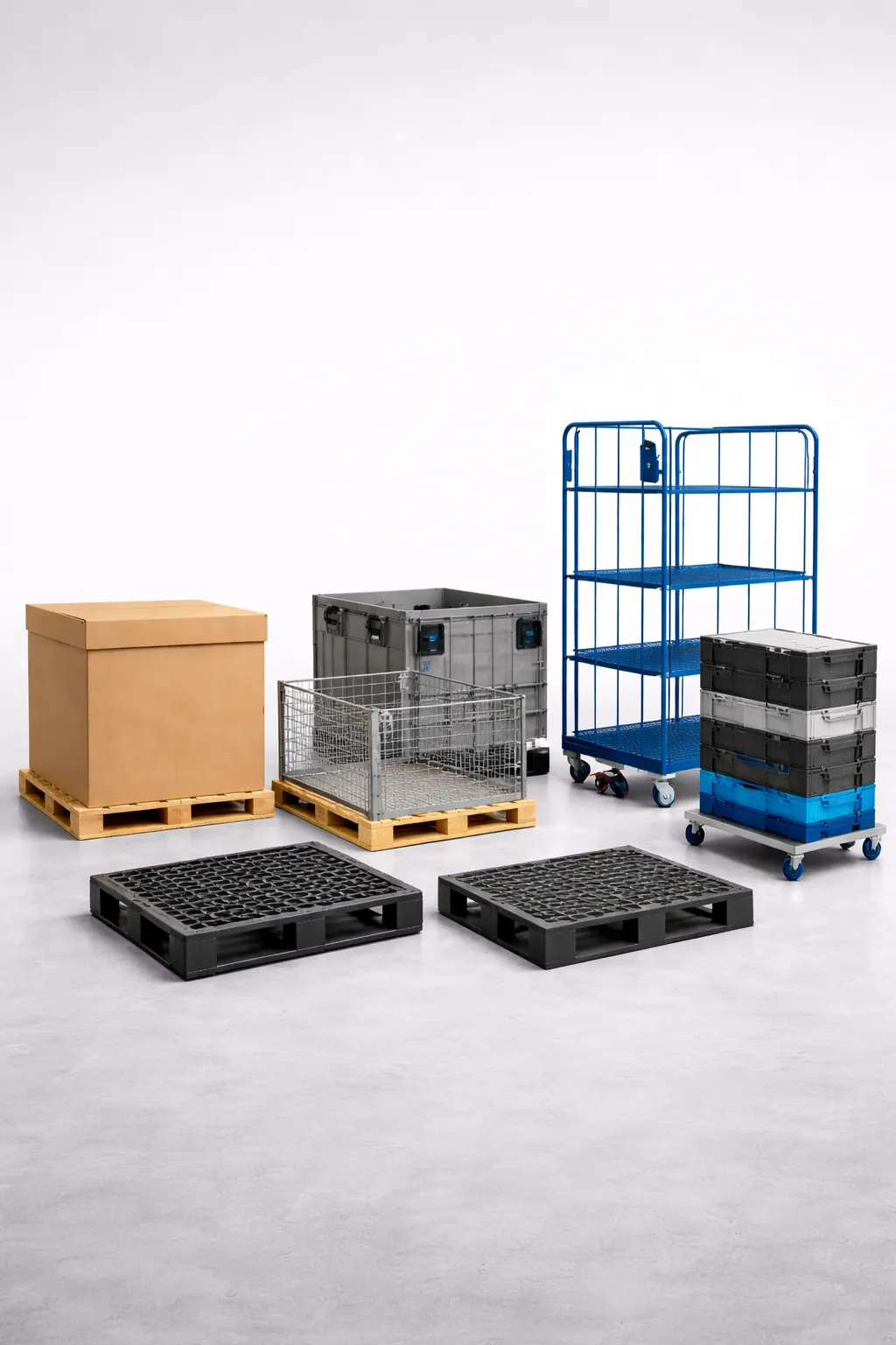 Verschiedene Ladungsträger auf einem Studioboden angeordnet