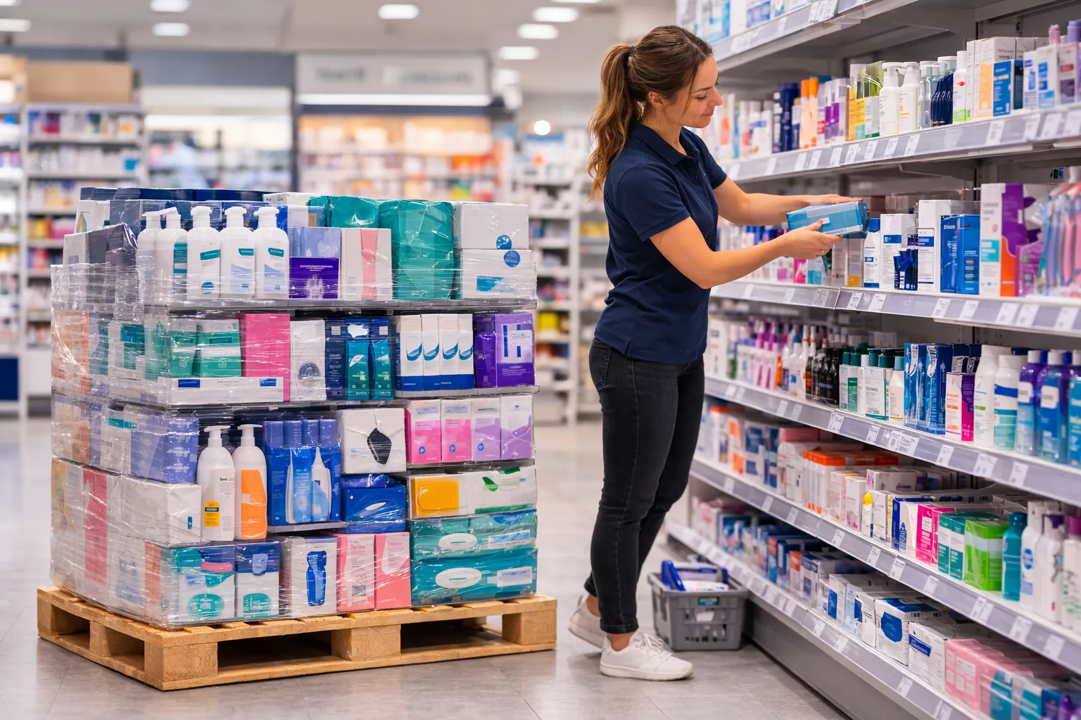 Mitarbeiterin räumt ein Regal aus einer eingeschweißten Mischpalette ein