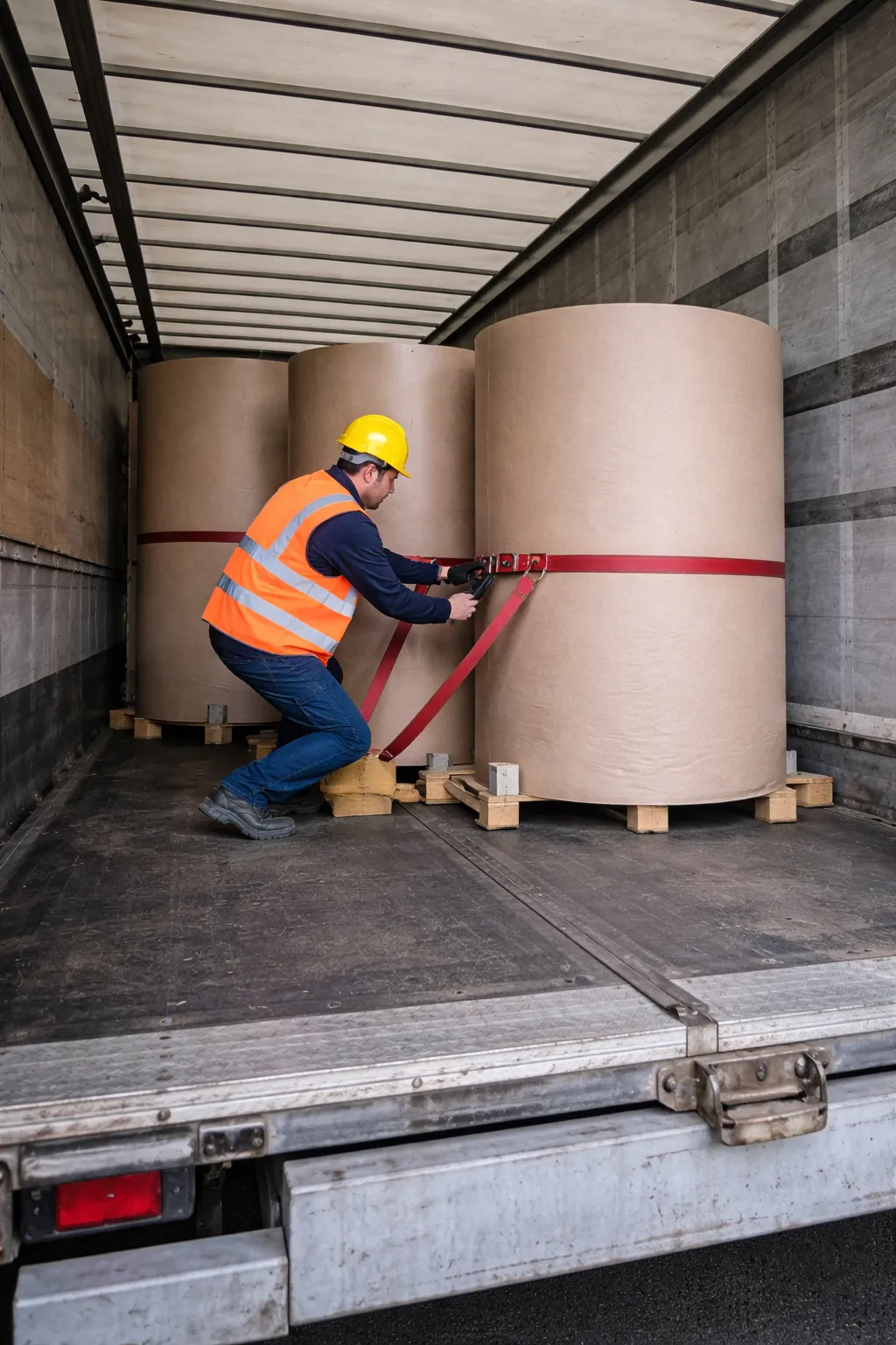 Mitarbeiter sichert große Papierrollen in einem Auflieger