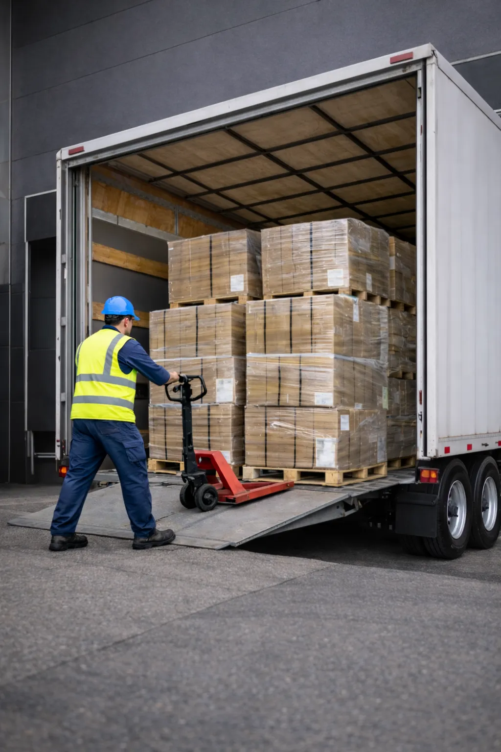 Mitarbeiter entlädt palettierte Papierprodukte aus einem Auflieger