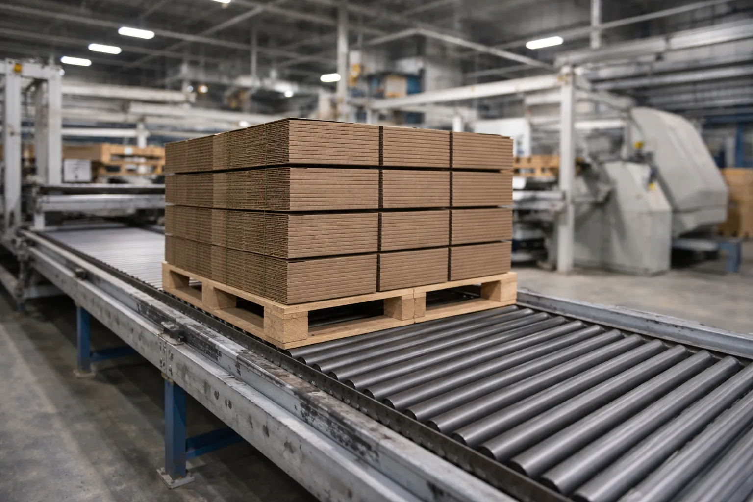 Palette mit Wellpappbogen auf einer Förderanlage in einer Produktionshalle