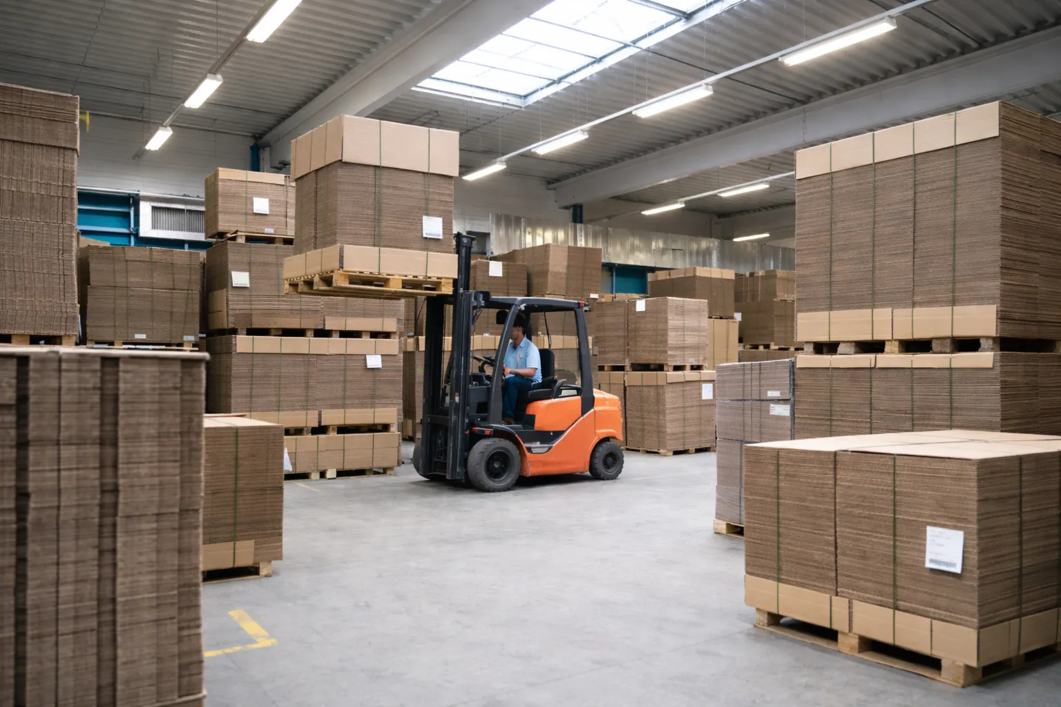 Gabelstapler bewegt gestapelte Wellpappe-Paletten in einer Lagerhalle