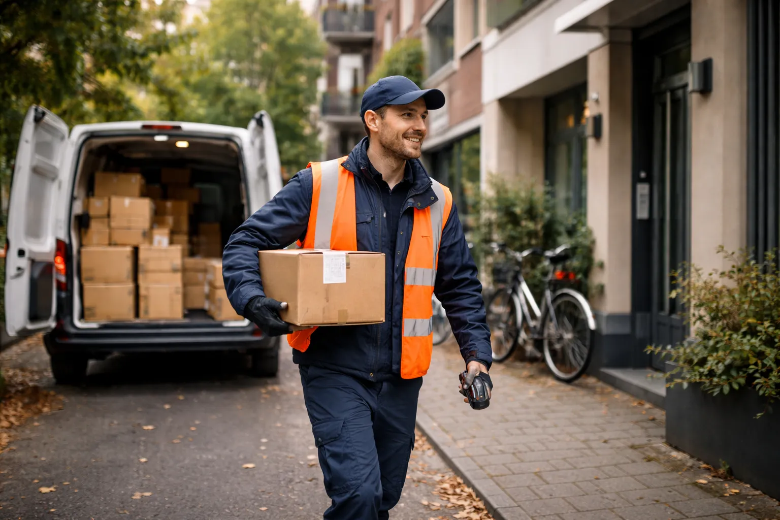 Kurier trägt ein Paket vor einem Lieferwagen