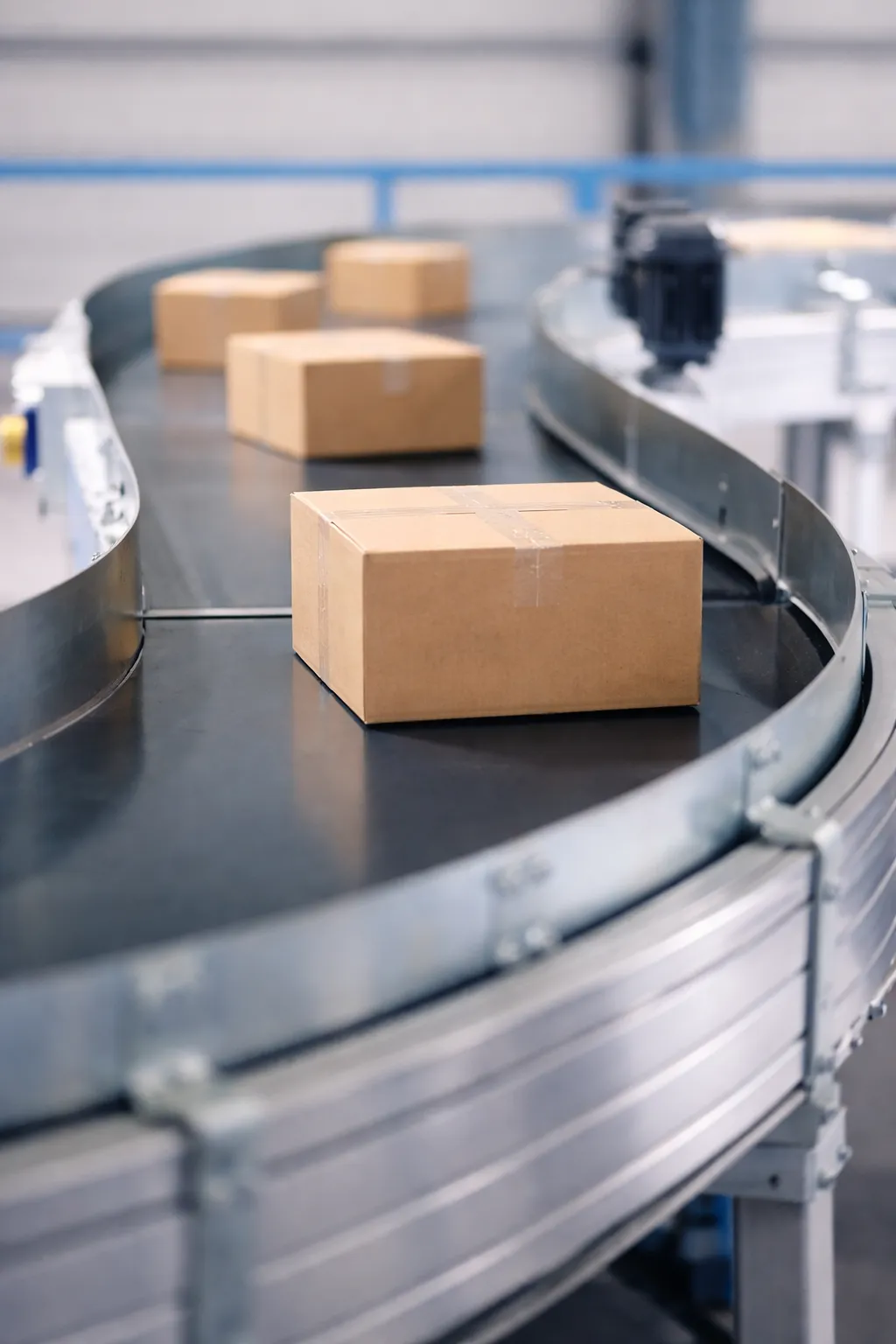Pakete bewegen sich auf einem gebogenen Förderband