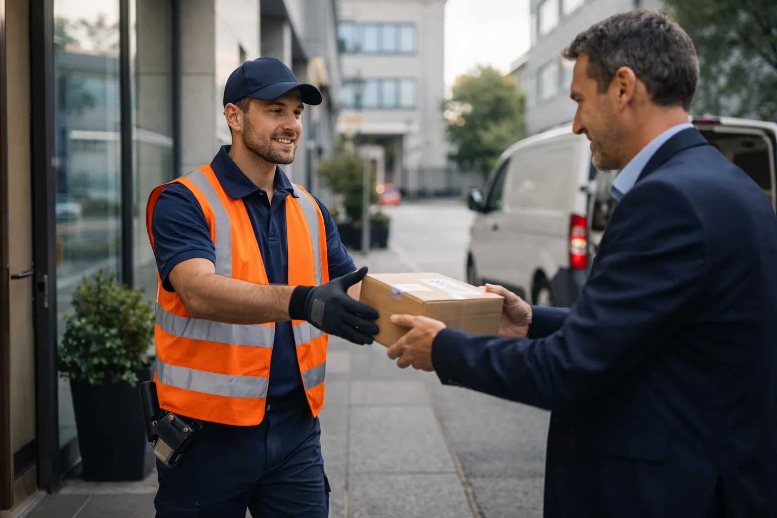 Kurier übergibt einem Kunden ein Paket an der Haustür