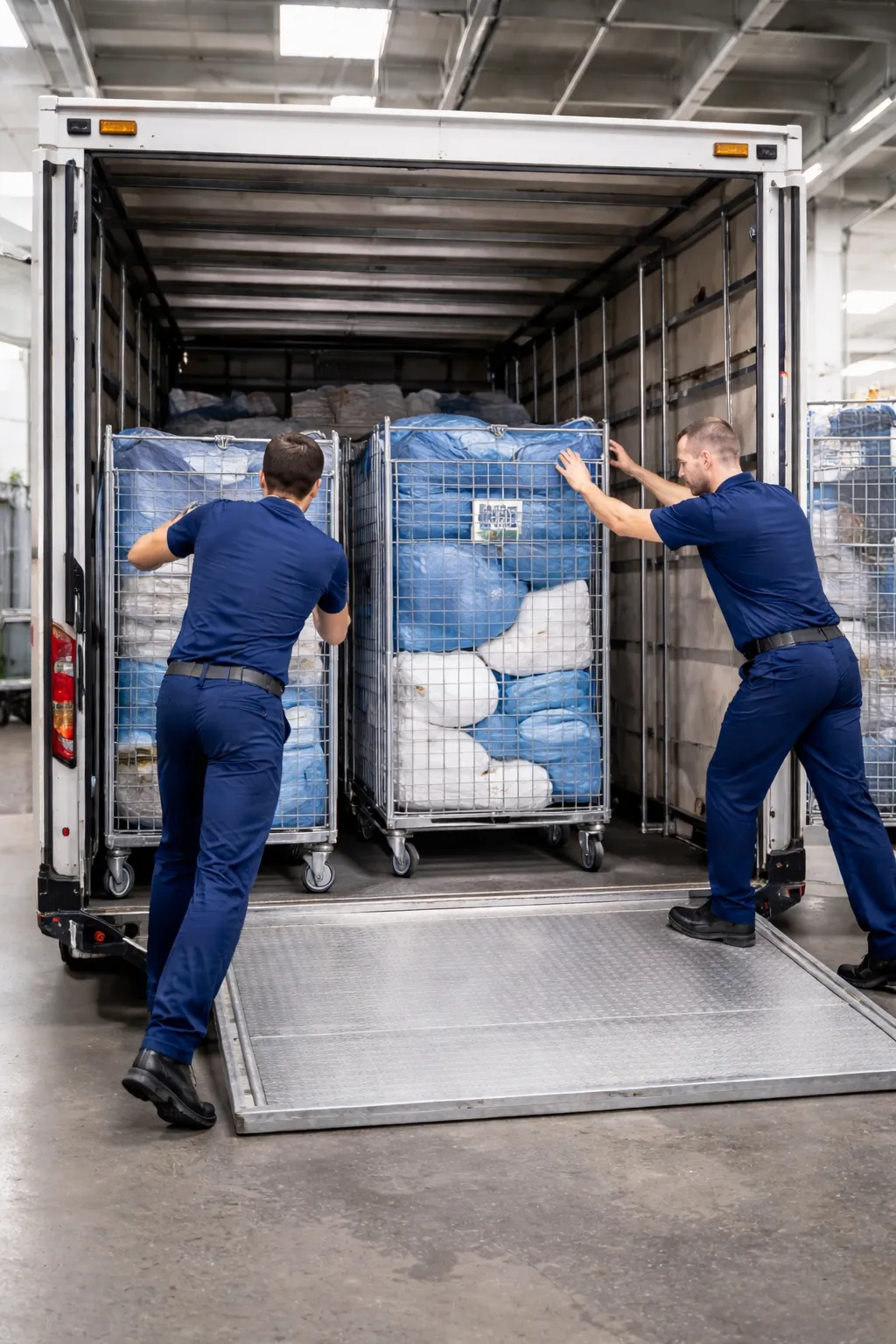 Rolling containers with textiles in an industrial laundry