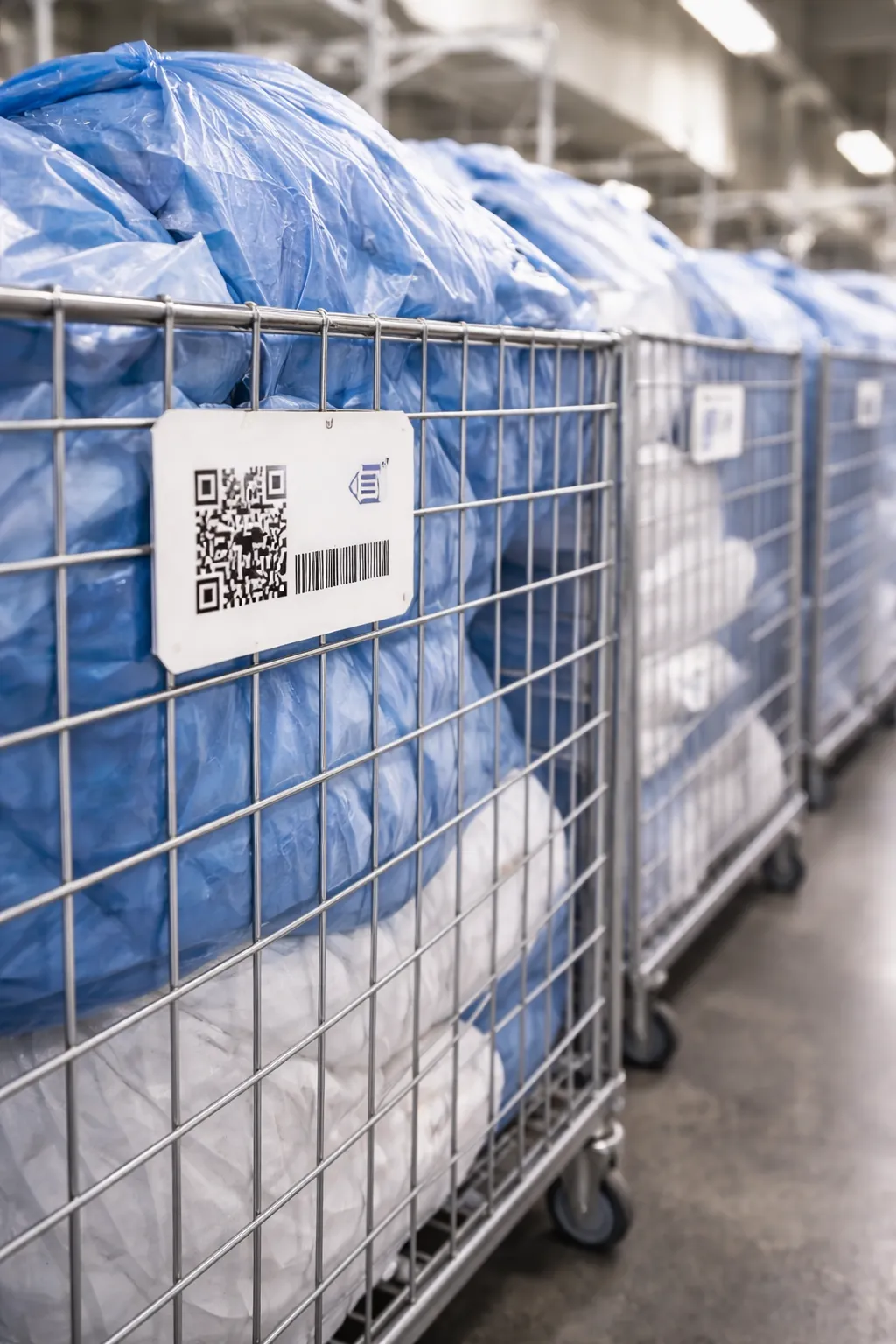 Close-up of tagged textile carts filled with laundry bags