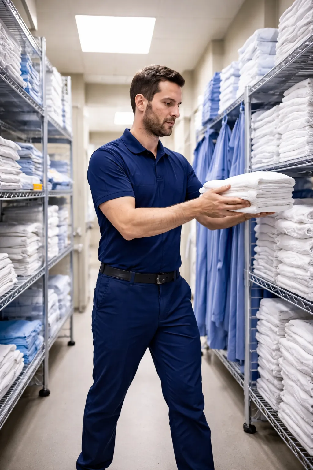 Worker sorting folded textiles on storage shelves
