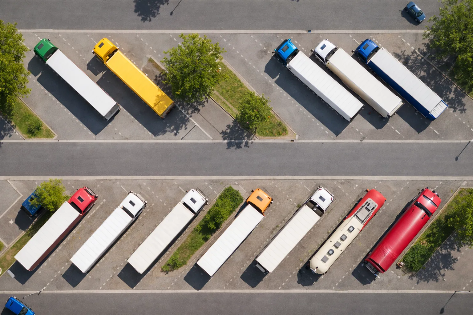 Draufsicht auf geparkte Lkw in markierten Stellplätzen