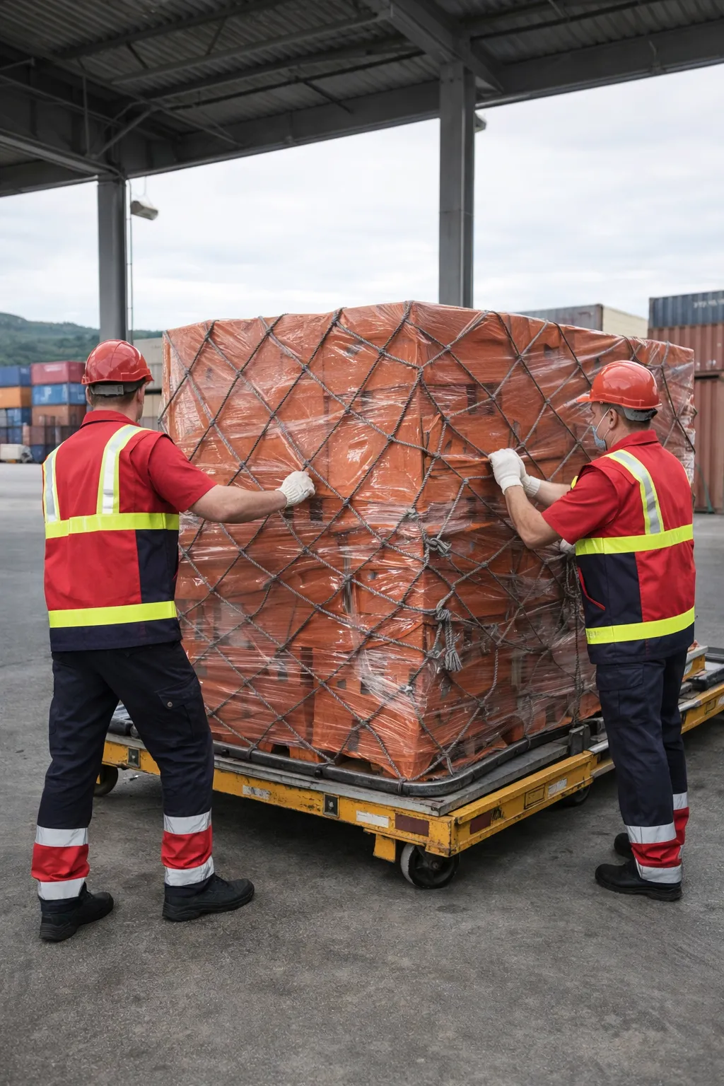 Zwei Mitarbeiter sichern Luftfracht auf einer Flugzeugpalette mit Netzen
