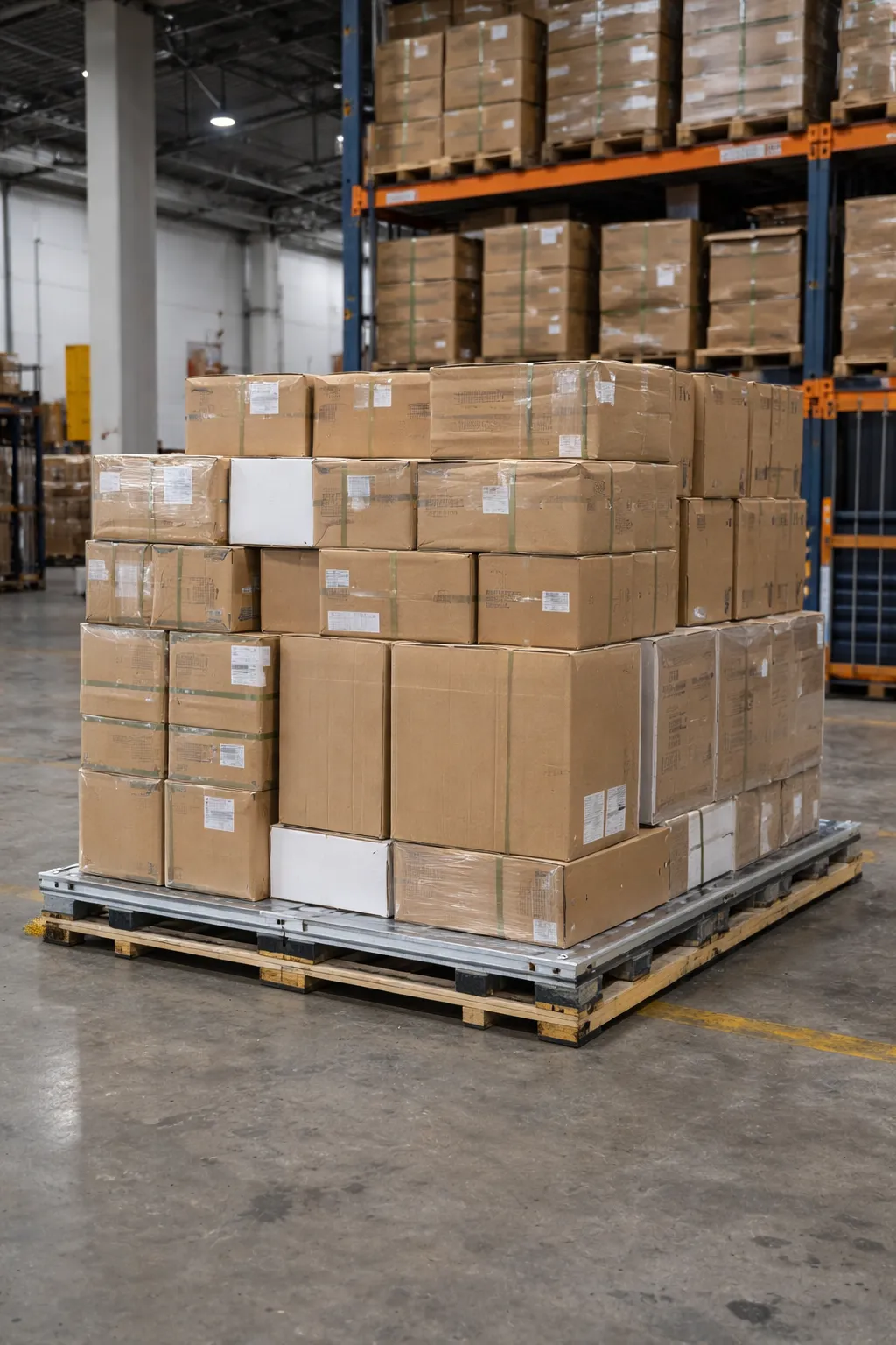 Aufgebaute Flugzeugpalette mit gestapelten Kartons in einer Lagerhalle