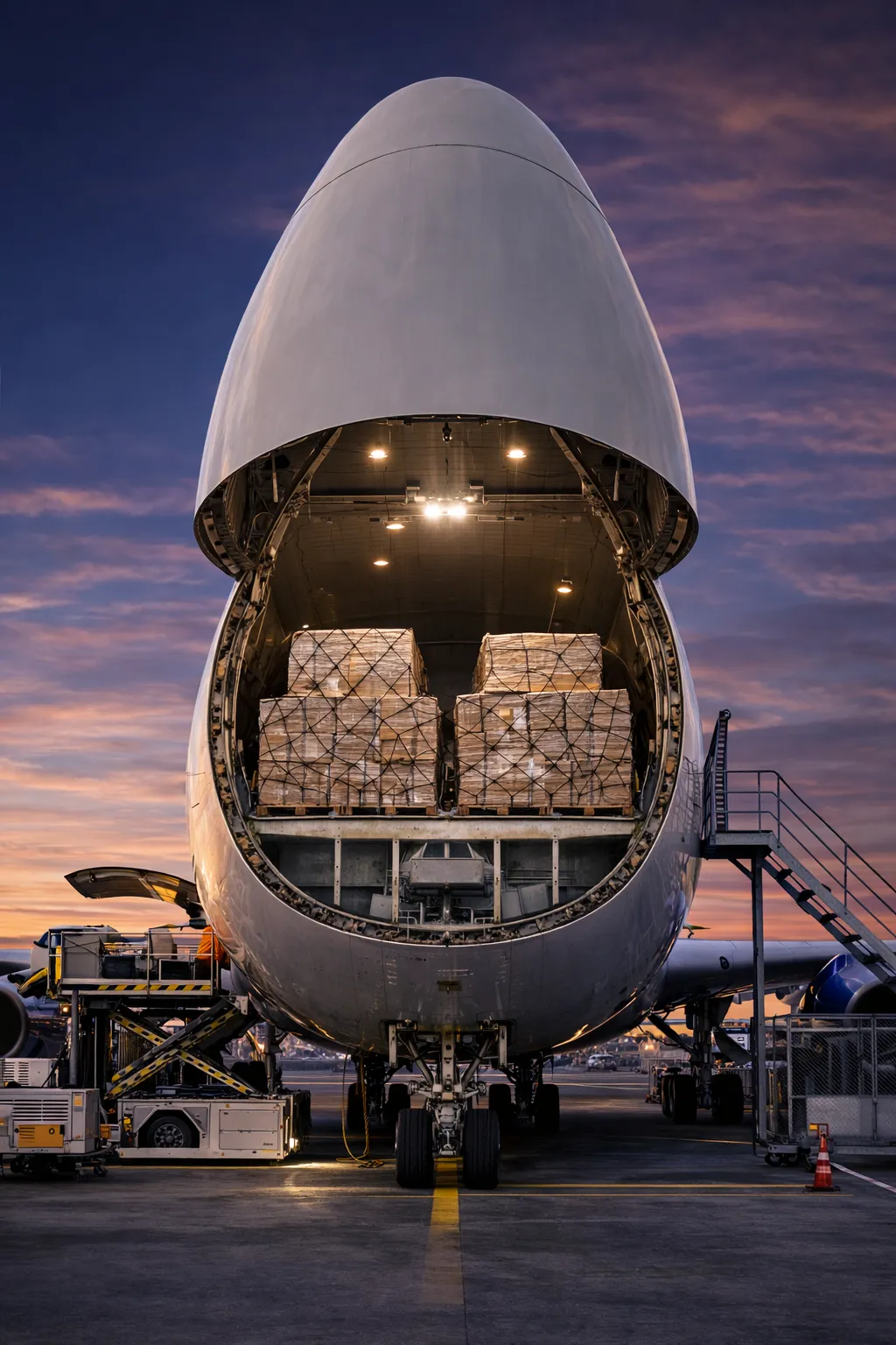 Geöffnetes Frachtflugzeug mit gesicherten Frachtpaletten in der Abenddämmerung