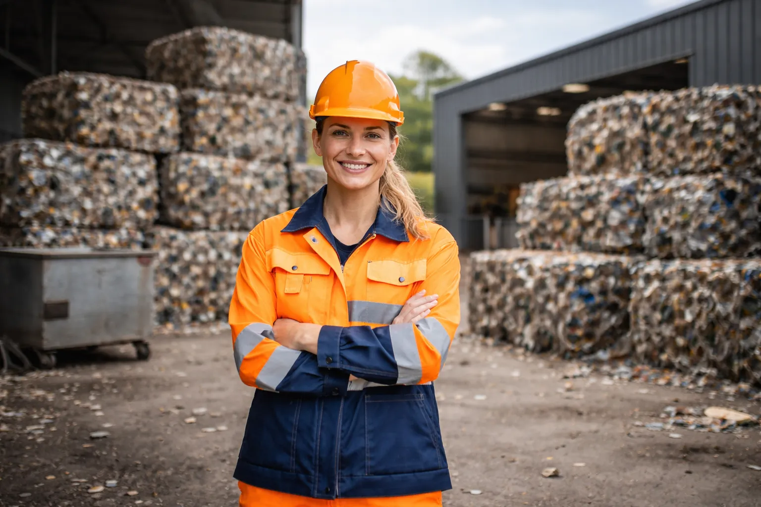 Mitarbeiterin steht vor gepressten Wertstoffballen