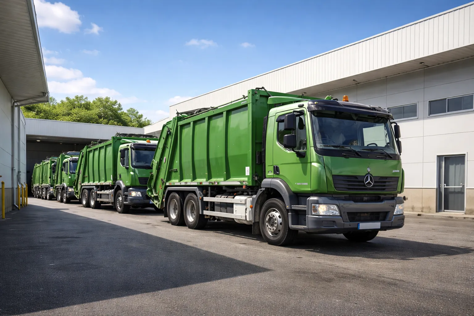 Reihe grüner Entsorgungsfahrzeuge auf einem Betriebsgelände