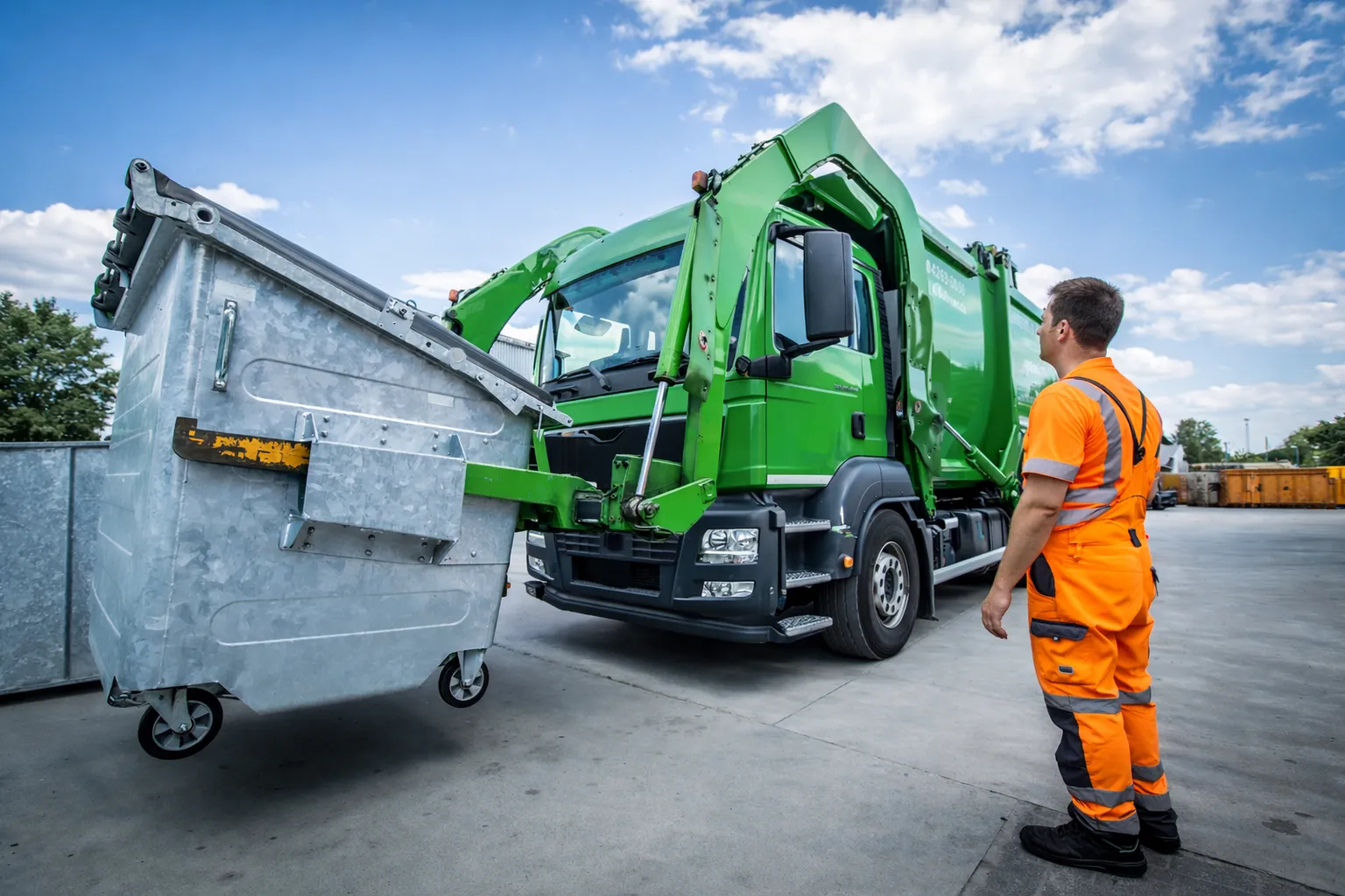 Entsorgungsfahrzeug hebt einen Metallcontainer neben einem Mitarbeiter an