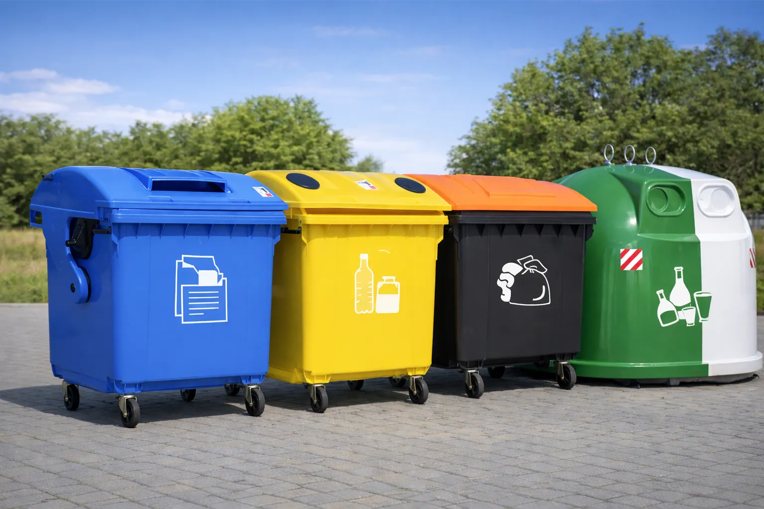 Reihe farbiger Recyclingcontainer im Freien
