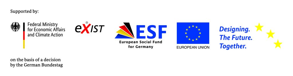 Logos from supporting governmental agencies: Federal Ministry for Economic Affairs and Climate Action, EXIST, ESF European Social Fund for Germany, European Union with the slogan "Designing. The Future. Together."